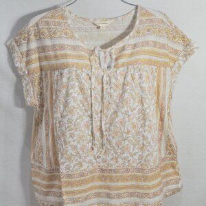 Lucky Brand Women's Blouse L Beige Floral Border Boxy Tie Neck Top Shirt
